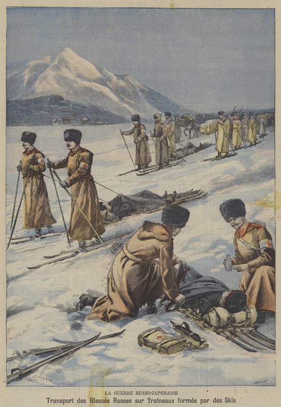 Den russisk-japanske krig: transport af sårede russiske soldater på slæder lavet af ski (farve litho) af French School
