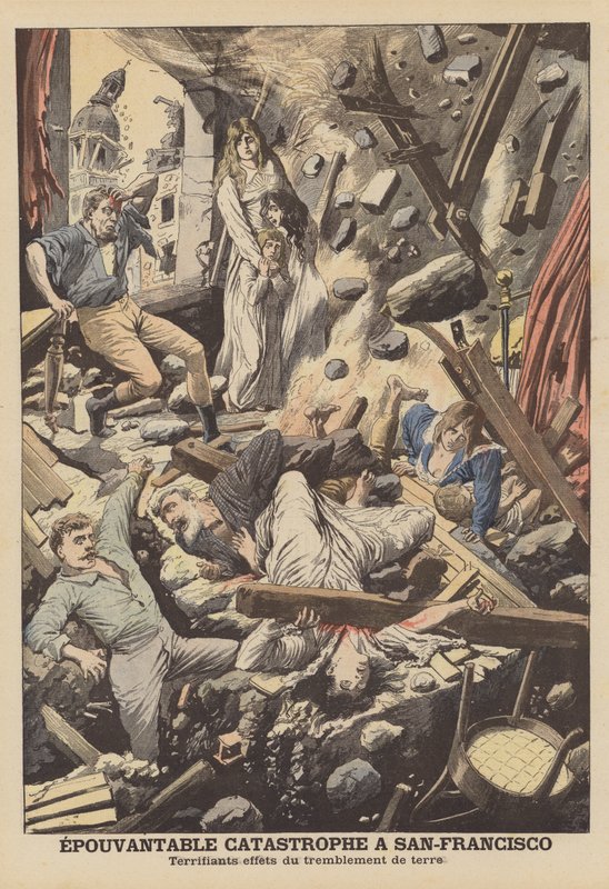 San Francisco jordskælvet i 1906 (farve litho) af French School