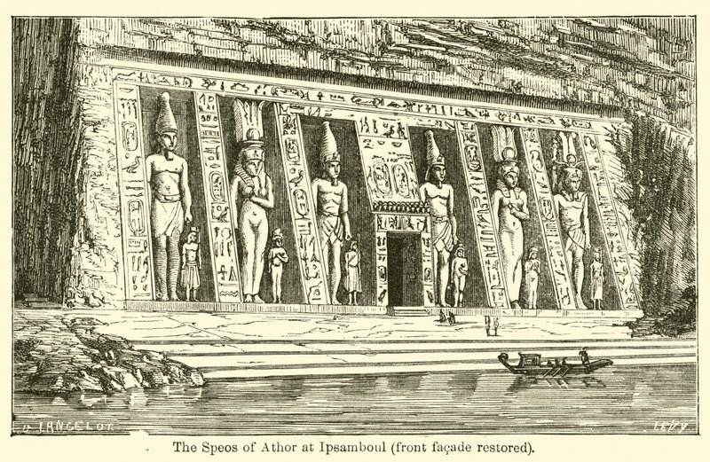 The Speos of Athor ved Ipsamboul, frontfacade restaureret (gravering) af French School