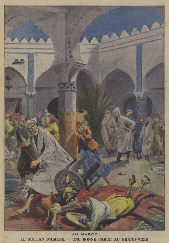 Sultanen af Marokko underholdende ved at spille en vittighed på sin Grand Vizier (farve litho) af French School