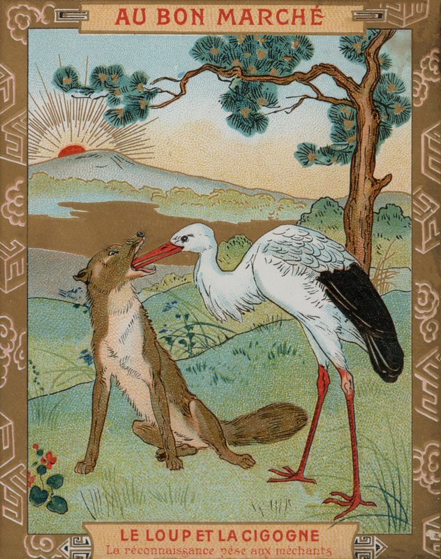Ulven og tranen, en af Æsops fabler (chromolitho) af French School