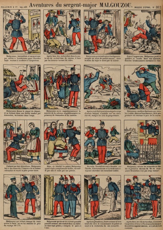 Sergent-major Malgouzous eventyr (farvet gravering) af French School