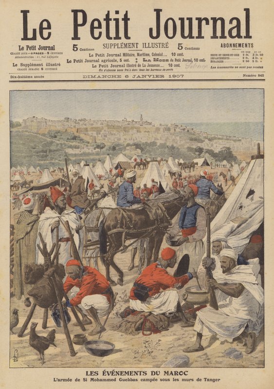 Mohammed Guebbas hær slog lejr under murene i Tanger, Marokko (farve litho) af French School