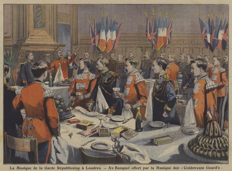Bandet fra den franske republikanske garde deltager i en banket arrangeret af bandet fra Coldstream Guards i London (farve litho) af French School