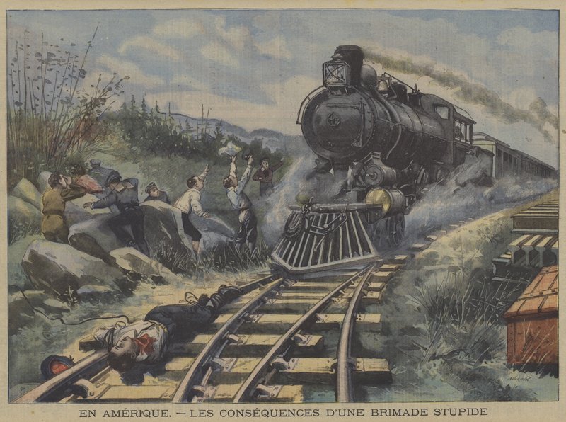 Konsekvenserne af en dum mobning i Amerika (farve litho) af French School