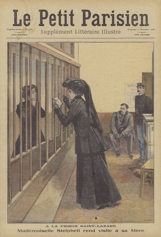 Marguerite Steinheils datter besøger sin mor i Saint-Lazare-fængslet, Paris (farve litho) af French School