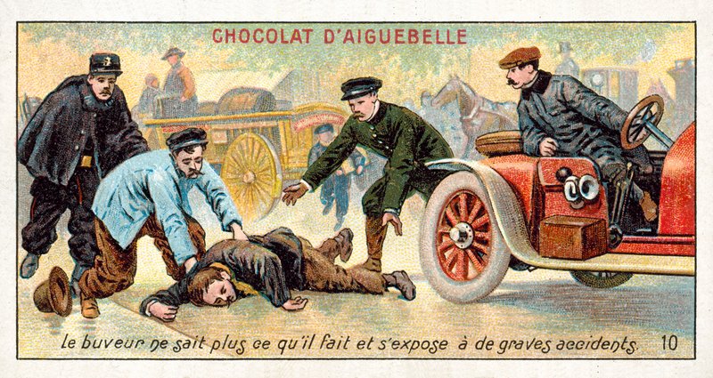 Den fuldemand ved ikke, hvad han laver og udsætter sig selv for risikoen for alvorlige ulykker (chromolitho) af French School