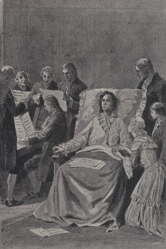 Den døende Wolfgang Amadeus Mozart lytter til sine venner fremføre sin kantate In Praise of Friendship (gravering) af French School