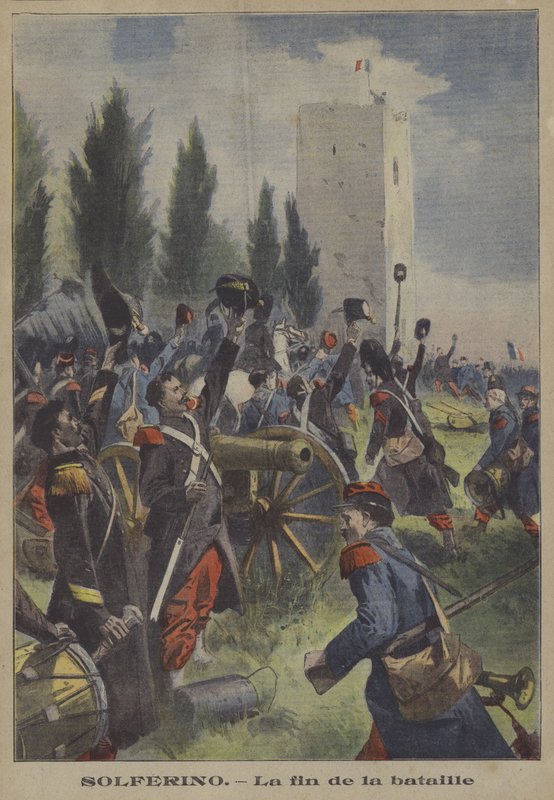 Slutningen af slaget ved Solferino, Italien (farve litho) af French School