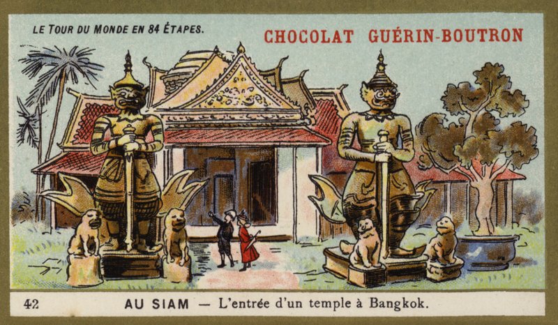 Indgangen til et tempel i Bangkok, Siam (chromolitho) af French School
