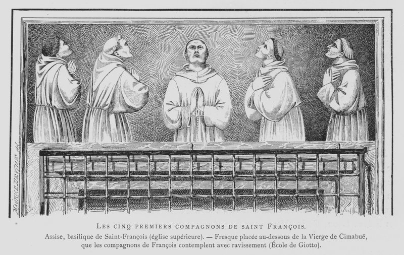 De første fem ledsagere af den hellige Frans af Assisi (litho) af French School