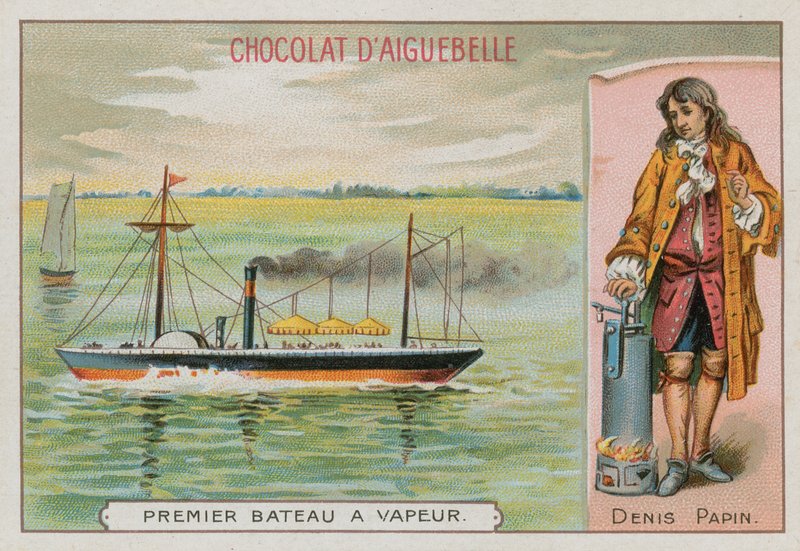 Den første dampdrevne båd og Denis Papin, fransk 17.-18. pioner inden for dampkraft af French School