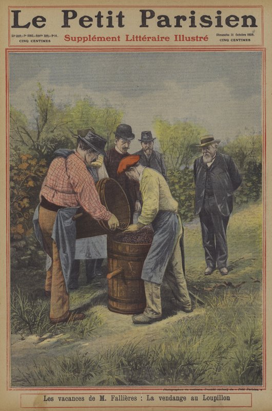 Højtiden for Frankrigs præsident Fallieres: druehøsten i hans hjem i landsbyen Loupillon (farve litho) af French School