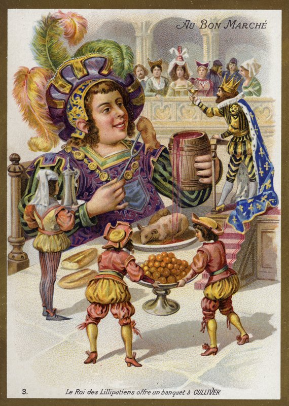 Lilliputernes konge holder en banket for Gulliver (chromolitho) af French School