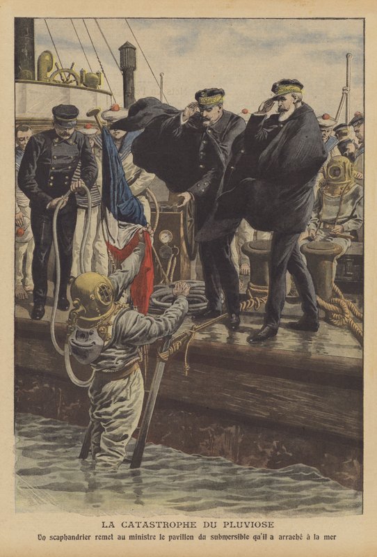 Tabet af den franske flåde ubåd Pluviose (farve litho) af French School