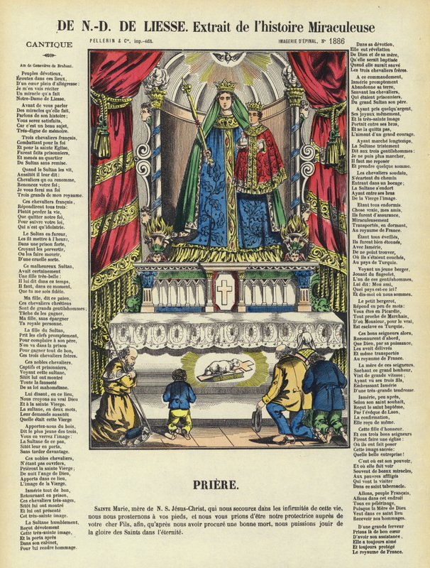 Den mirakuløse historie om Vor Frue af Glæde (farvelitografi) af French School
