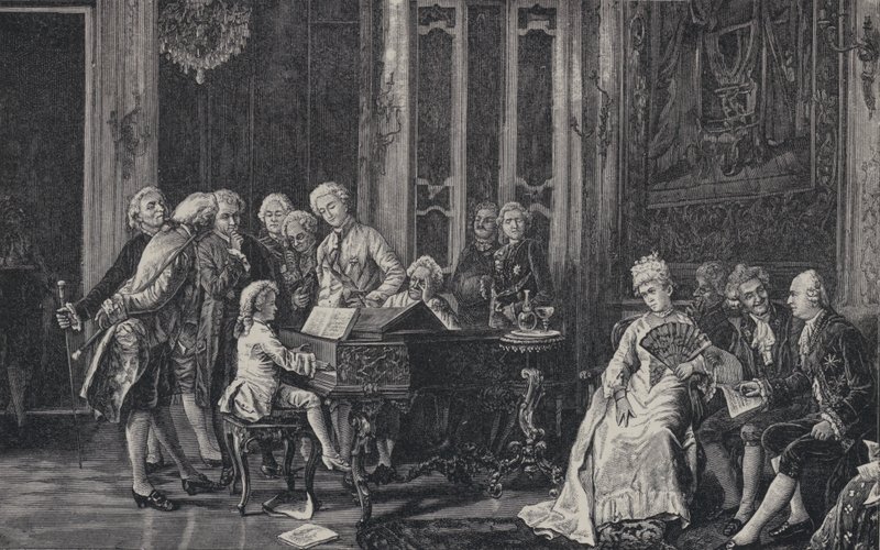 Den syv år gamle Wolfgang Amadeus Mozart spiller foran kong George III i London, 1764 af French School