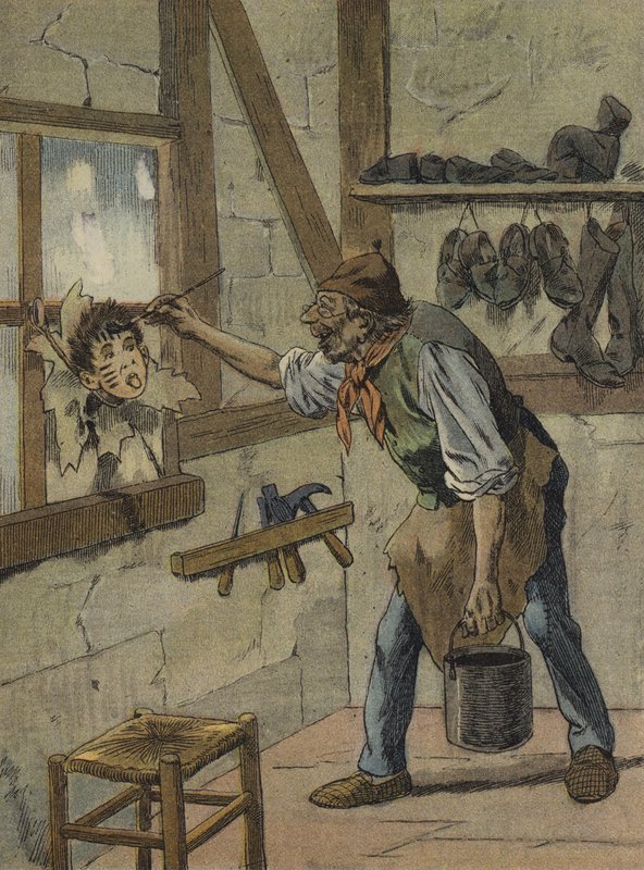 Skomageren markerede timerne på figuren af den lille Jeannot (farvelitografi) af French School