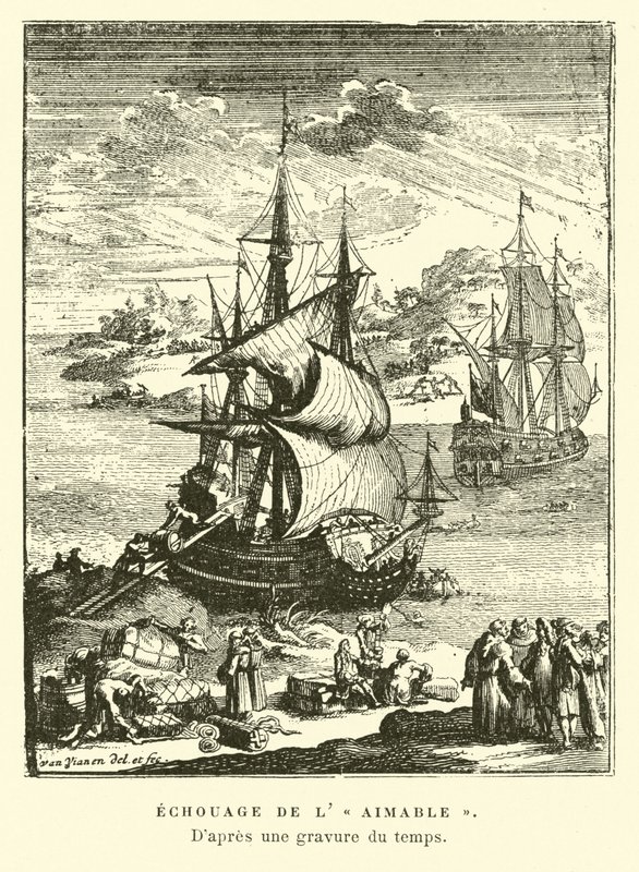Strandingen af lAimable, Matagorda Bay, Texas, 1685 af French School