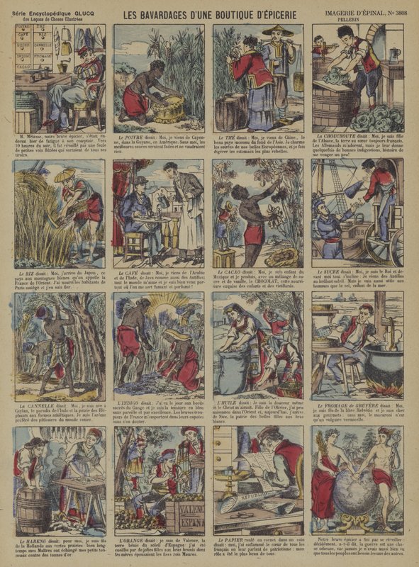 Fortællingerne om produkterne i en købmandsbutik (farve litho) af French School
