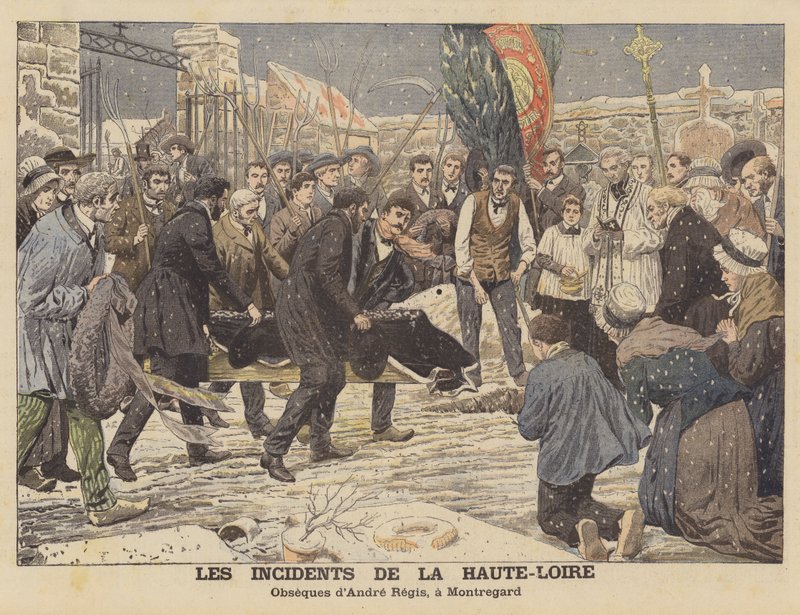 Problemerne i departementet Haute-Loire, Frankrig (farve litho) af French School