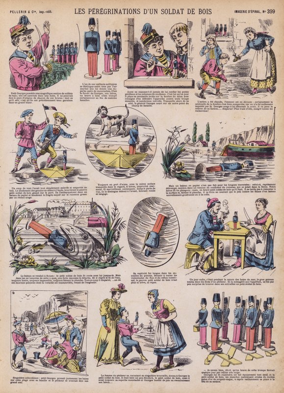 En træsoldats vandringer (farve litho) af French School