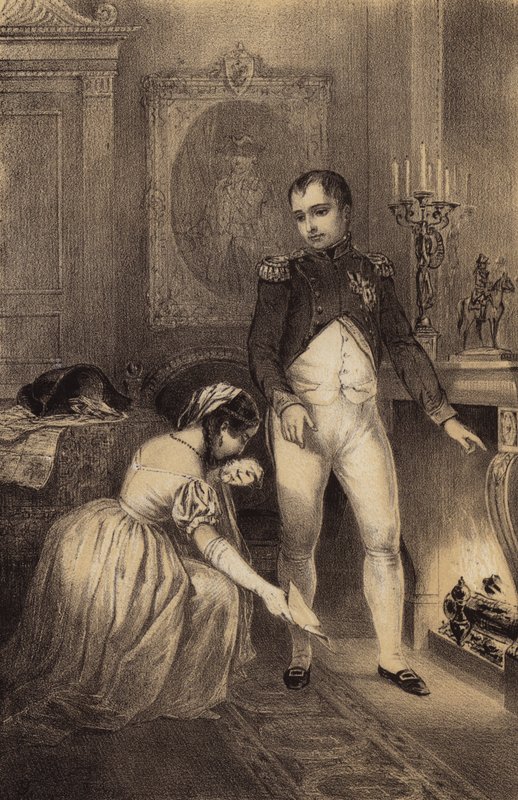 Den preussiske general Franz Ludwig von Hatzfelds hustru beder Napoleon om at skåne sin mands liv (litho) af French School