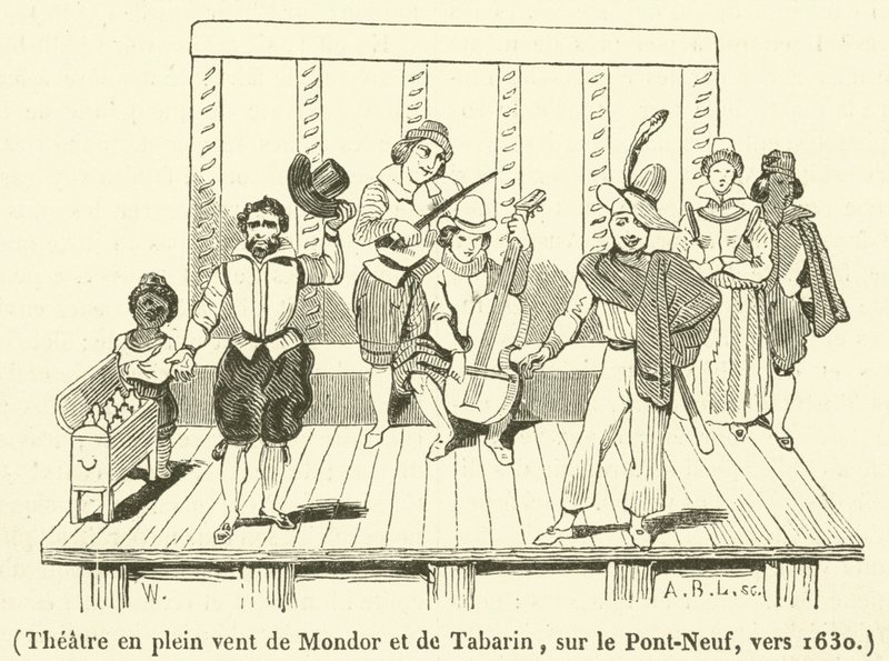 Teater i det fri i Mondor og Tabarin, på Pont-Neuf, omkring 1630 (gravering) af French School