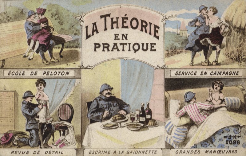 Teori og praksis, romantik og soldaterarbejde (farve litho) af French School