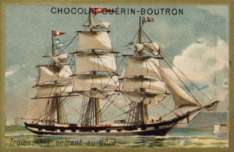 Tre-mastet sejlskib, der anløber havn (chromolitho) af French School