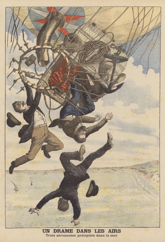 Tre italienske ballonskippere falder i havet (farvelitografi) af French School