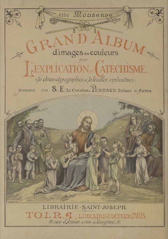 Titelside for stort album af farvede billeder til forklaring af katekismen (farve litho) af French School