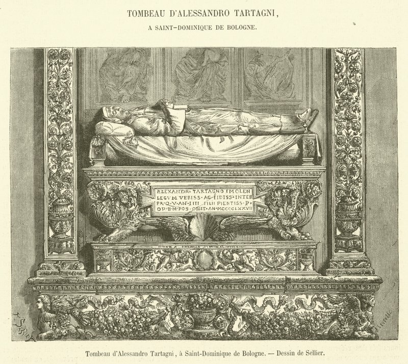 Alessandro Tartagnis grav i Saint-Dominique de Bologna (gravering) af French School