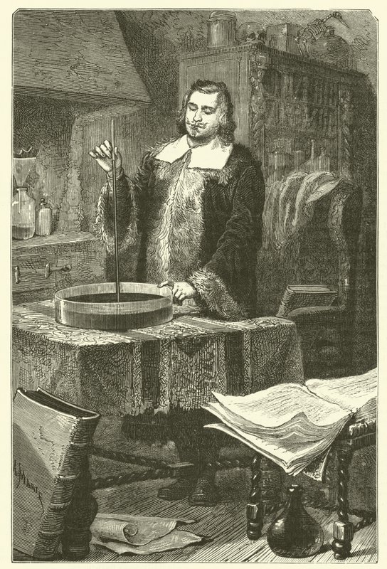 Torricelli opfandt barometeret (gravering) af French School