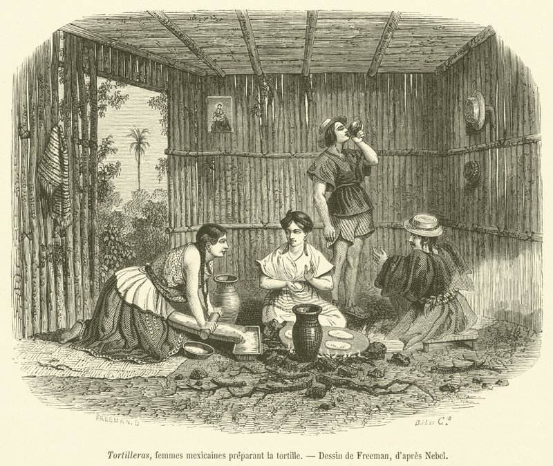 Tortilleras, mexicanske kvinder, der forbereder tortillaen (gravering) af French School