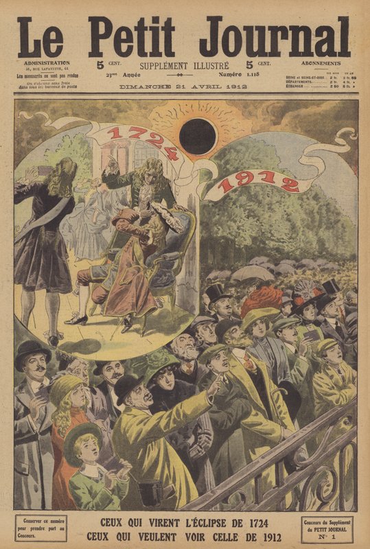 Totale solformørkelser i 1724 og 1912 (farve litho) af French School