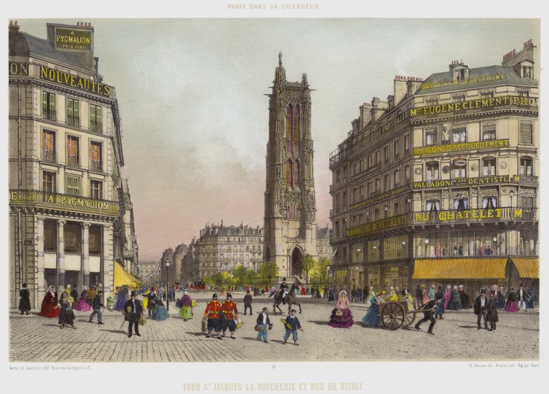 St Jacques-La-Boucherie Tower og Rue De Rivoli (farve litho) af French School