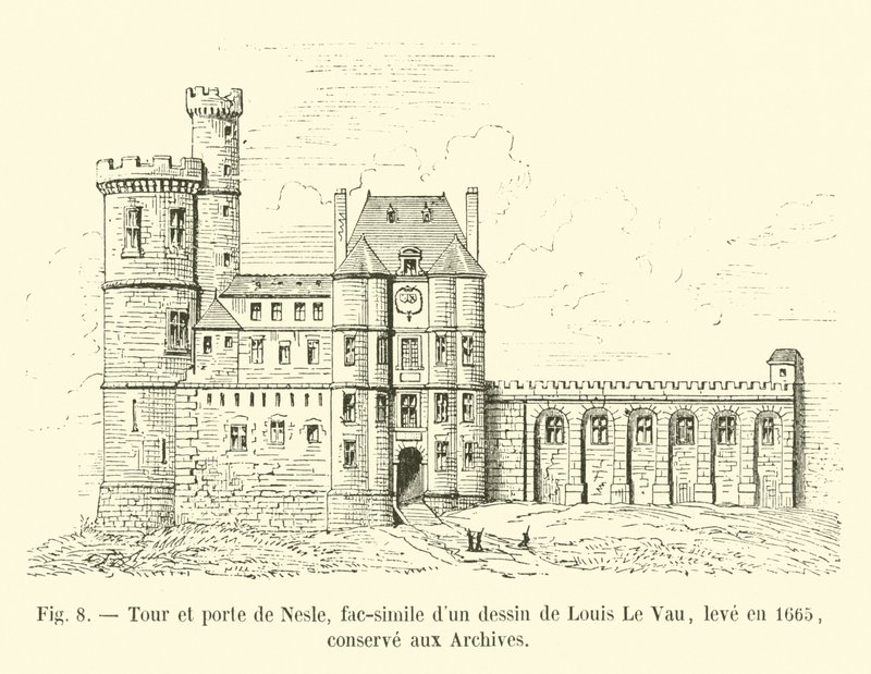 Nesle tårn og port, faksimile af en tegning af Louis Le Vau, tegnet i 1665, bevaret i arkivet af French School