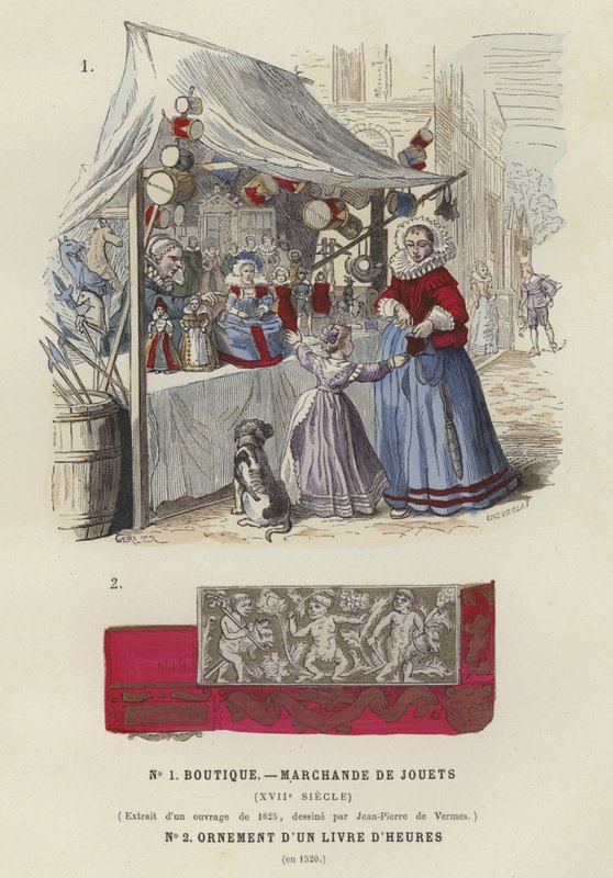 Legetøjsbod, 17. århundrede, og dekorative detaljer fra en timebog, 1520 af French School