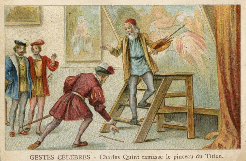 Byttekort, der viser Charles Quint, der samler børsten af Titian (chromolitho) af French School