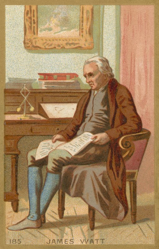 Handelskort, der viser et portræt af James Watt af French School