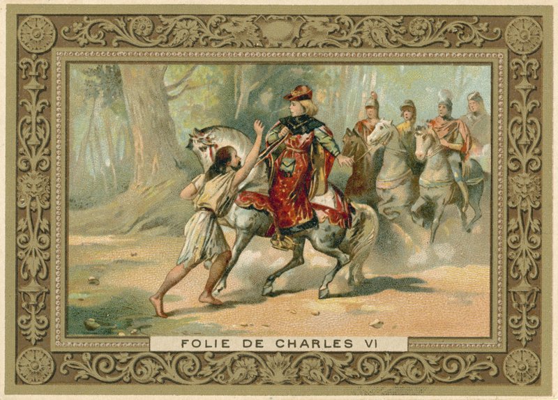 Handelskort, der viser et angreb på kong Charles VI af Frankrig af French School