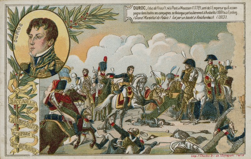 Byttekort med et billede, der forestiller slaget ved Austerlitz af French School