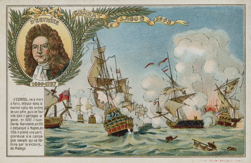 Byttekort med et billede, der viser slaget ved Lagos af French School