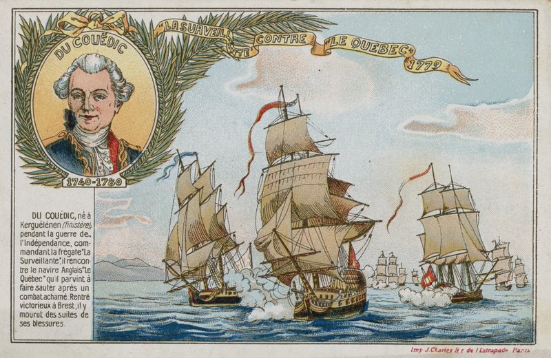 Byttekort med et billede, der viser Surveillante mod HMS Quebec af French School