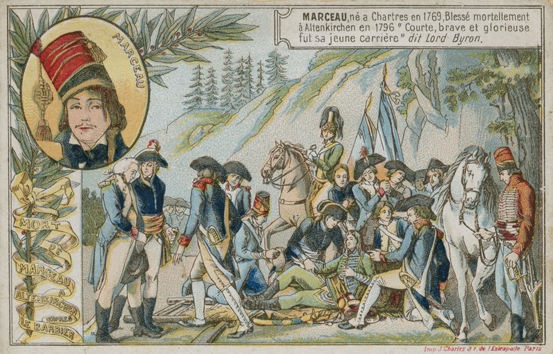 Byttekort med et billede, der viser den franske general Marceau-Desgraviers