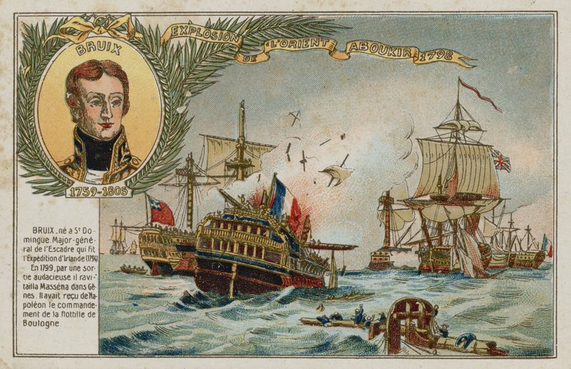 Byttekort med et billede, der viser ødelæggelsen af LOrient af French School