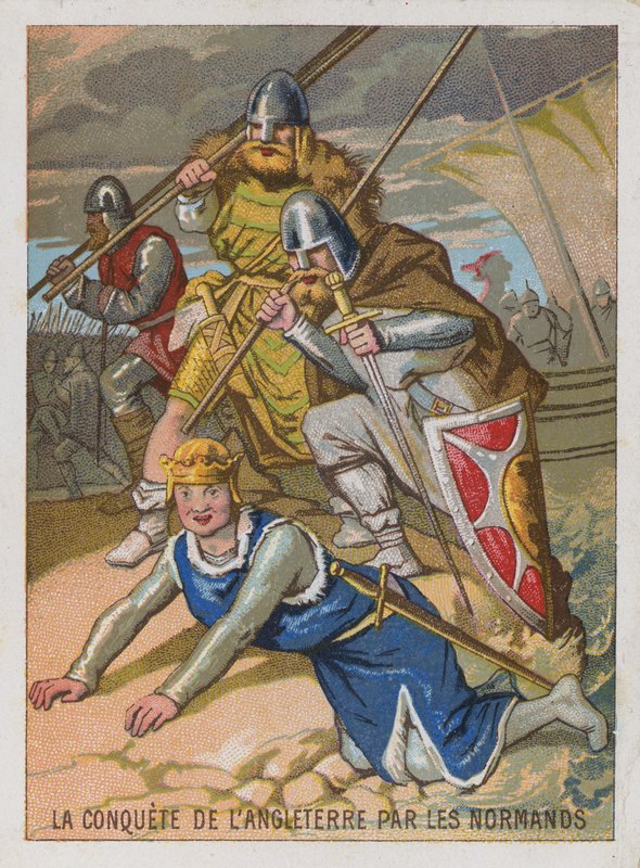 Byttekort med et billede af normannernes erobring af England af French School