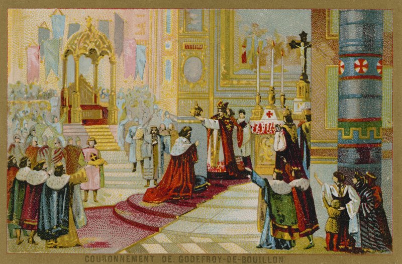 Byttekort med et billede af Godefroy de Bouillons kroning af French School
