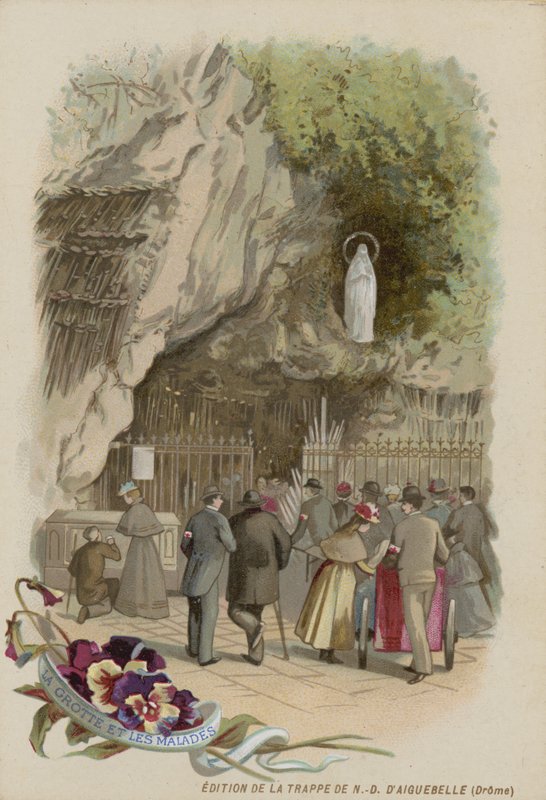 Byttekort med et billede af grotten i Lourdes af French School